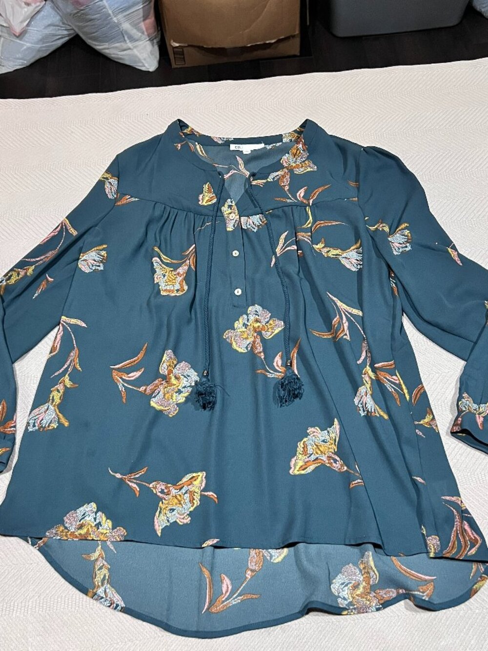 DR2 By Daniel Rainn Teal Floral V-neck Blouse Pleat Front Iris Print Large